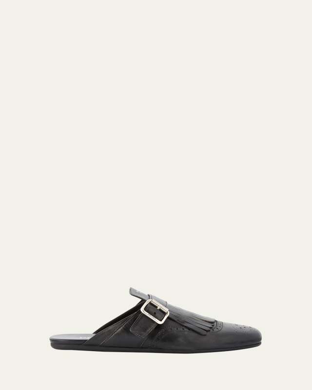 Vitello Leather Fringe Shuffle Mule Loafers